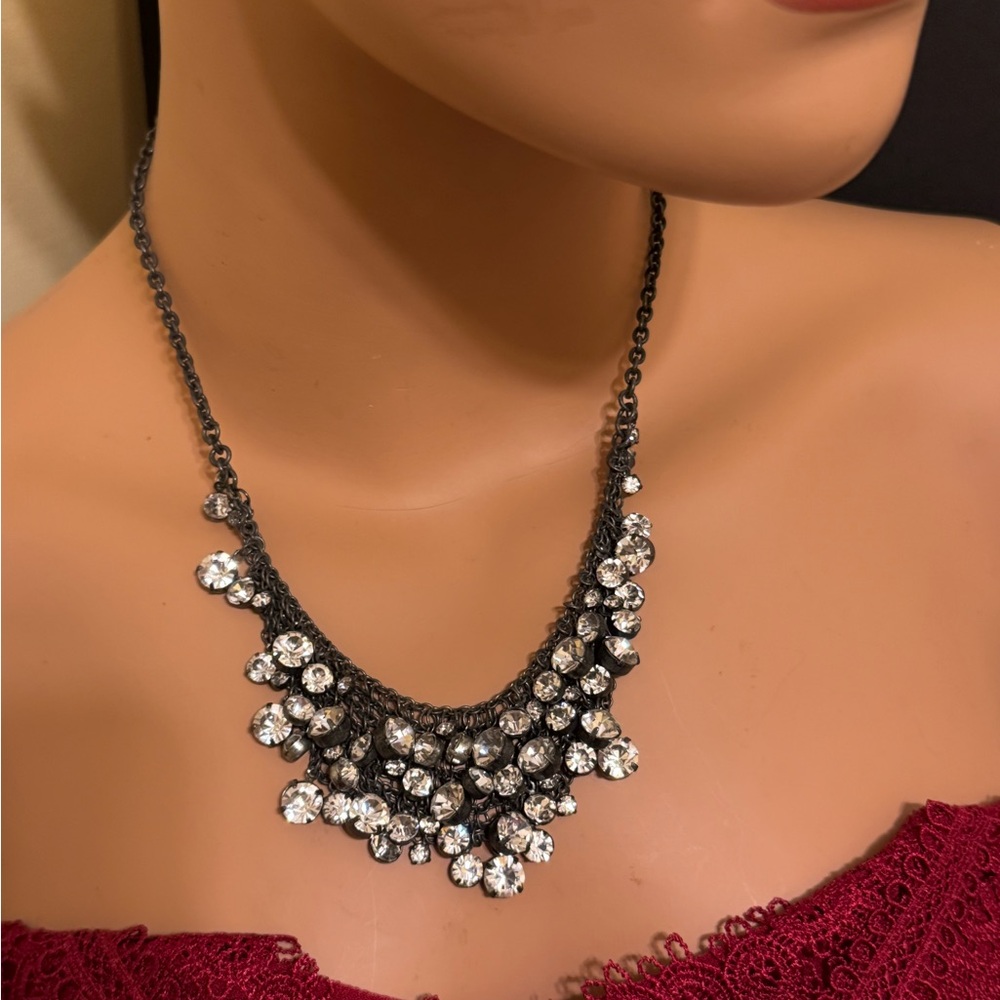 Vintage gunmetal chainmail rhinestone cluster statement necklace